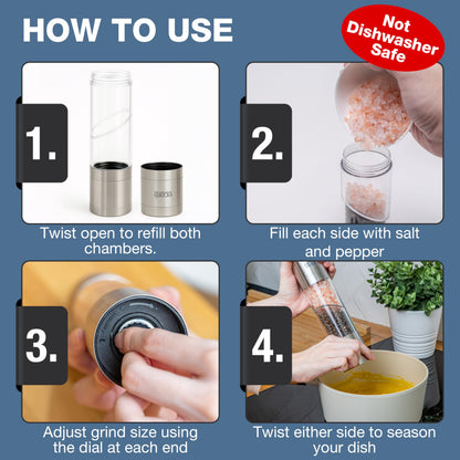 Eparé 2 in 1 Salt and Pepper Grinder Combo – Dual Space Saving for Kitchen & Dining - Manual Stainless Steel Salt and Pepper Grinder in One