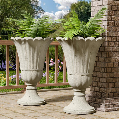 Trygoal 23.6" Tall Plastic Urn Planters for Outdoor Plants, Set of 2 Heavy-Duty Classic Indoor Large Flower Pots with Drainage Holes & Petal Design, Outdoor Planters for Porch, Home Garden, White