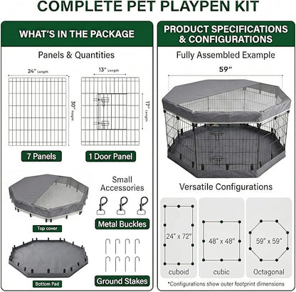 PJYuCien Dog Playpen with Top Cover and Bottom Pad - Metal Foldable Exercise Pen, 8 Panels 30" H x 24" W Indoor Outdoor Pet Fence Puppy Crate Kennel, Gray