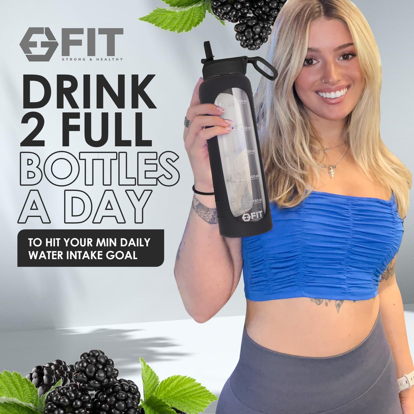 FIT Strong & Healthy 32 oz Glass Water Bottle with Time Marker & Silicone Sleeve - w/Handle & 2 Leakproof Lids Straw & Spout Lid, Wide Mouth, BPA Free 1 Liter Motivational Drinking Bottle, Black