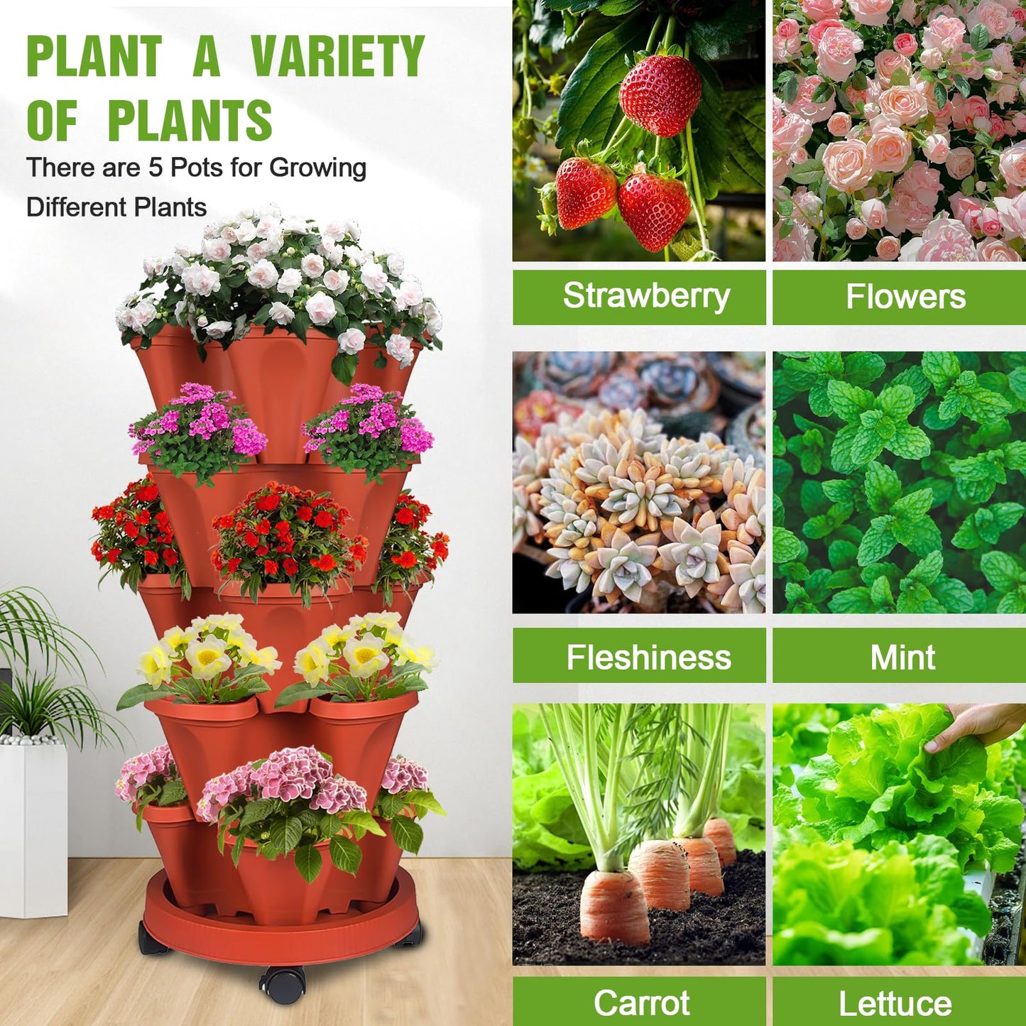 Bociks Vertical Strawberry Planter 5 Tier Stackable Tower Herb Planters Stacking Outdoor Garden Planters Pot With Tools Mover For Growing Flowers, Vegetables and Succulents