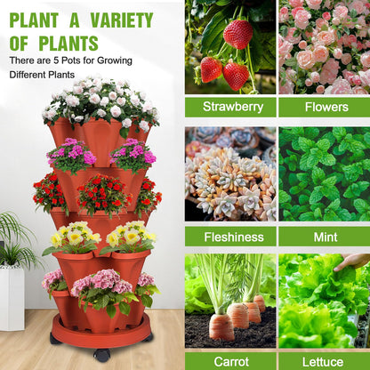 Bociks Vertical Strawberry Planter 5 Tier Stackable Tower Herb Planters Stacking Outdoor Garden Planters Pot With Tools Mover For Growing Flowers, Vegetables and Succulents