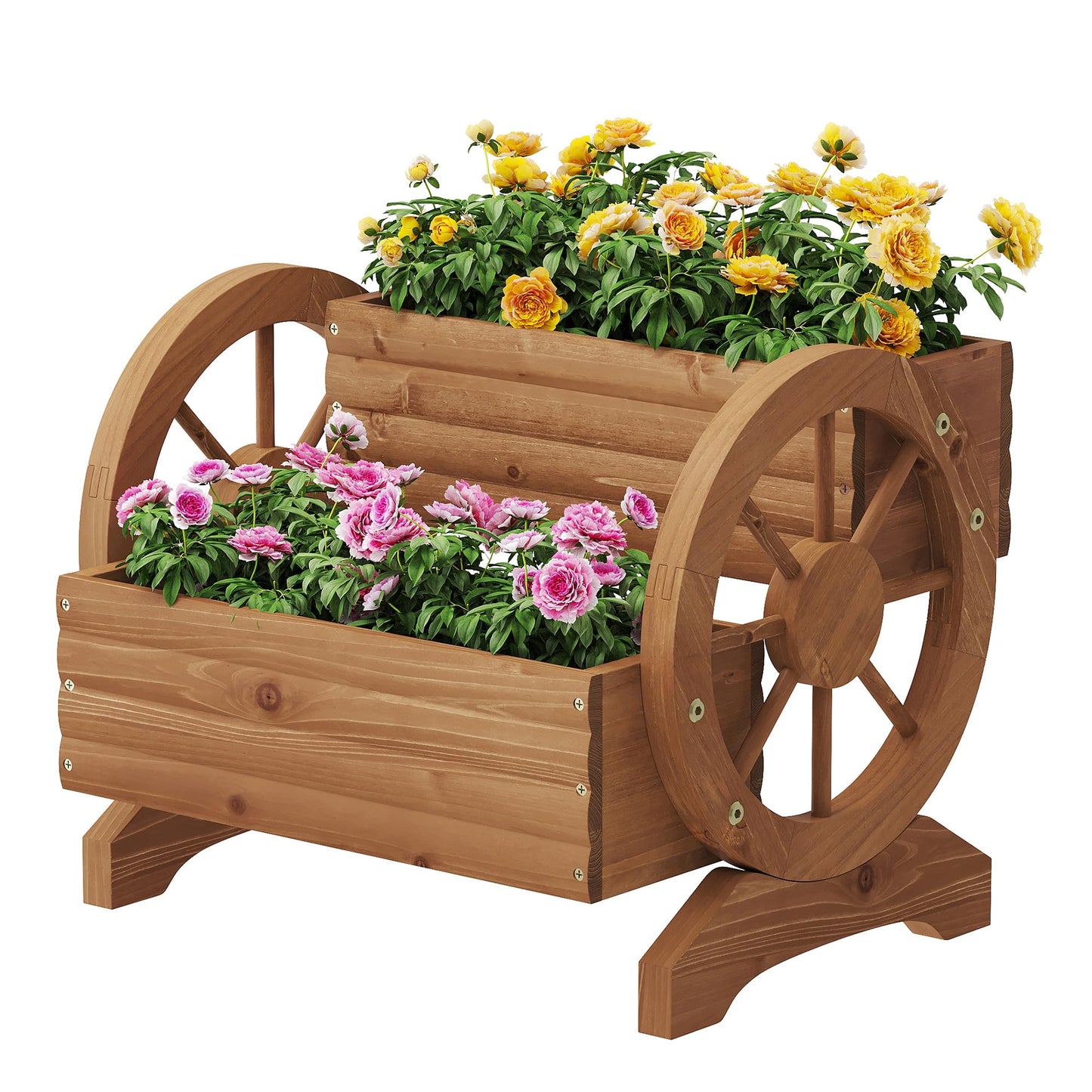 FILWH Wooden Wagon Planters for Outdoor Plants, Flower Cart, Wood Planter Boxes Outdoor, Backyard Decor, Flower Planters Outdoor with Wheels Planter for Flowers Vegetables (Brown)