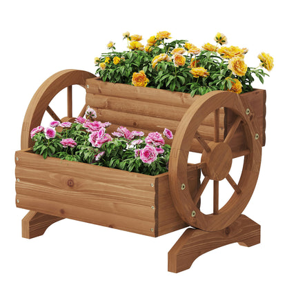 FILWH Wooden Wagon Planters for Outdoor Plants, Flower Cart, Wood Planter Boxes Outdoor, Backyard Decor, Flower Planters Outdoor with Wheels Planter for Flowers Vegetables (Brown)