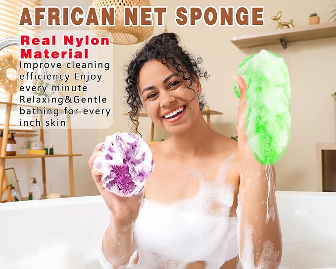 2 Pack African Net Sponge Exfoliating Body Scrubber Bath Sponge for Daily Use (Light Purple + Light Green)