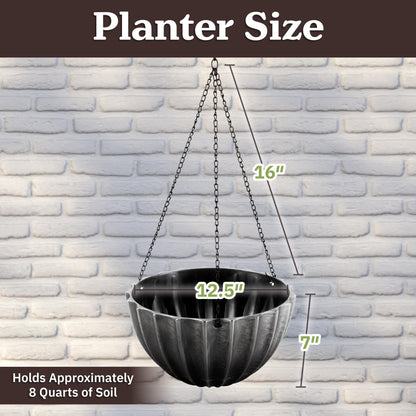 Hanging Planter 2-Pack - 12.5-Inch Durable Plastic Hanging Planters for Indoor Plants or Outdoor Porch Decor with 3 Drainage Holes and Removable Bottom Reservoir by Pure Garden (Gray)