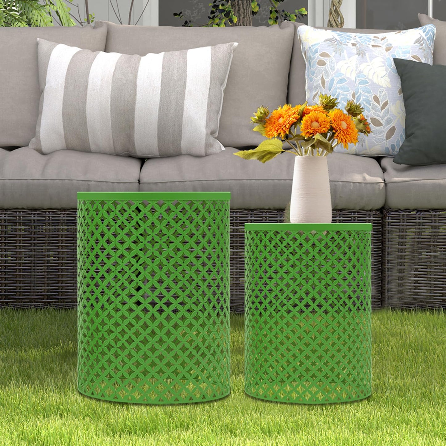 CAIHAOA Set of 2 Outdoor Side Table, Heavy Duty Metal Frame Accent Table, Decorative Garden Stool, Wood Circle Embossed Design, Plant Stand Living Room Garden Stool, Indoor Outdoor Using, Green