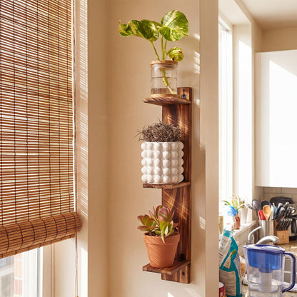 Pinkunn 3 Tier Wood Window Sill Plant Shelf Retro Indoor Wood Plant Stand Wall Mount Decorative Hanging Vertical Garden Display for Small Space Kitchen Living Room Bedroom Home