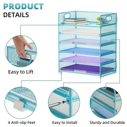 Marbrasse 6 Tier Paper Organizer Letter Tray - Mesh Desk File Organizer with Handle, Paper Sorter for Letter/A4 Office File Folder Holder -Blue
