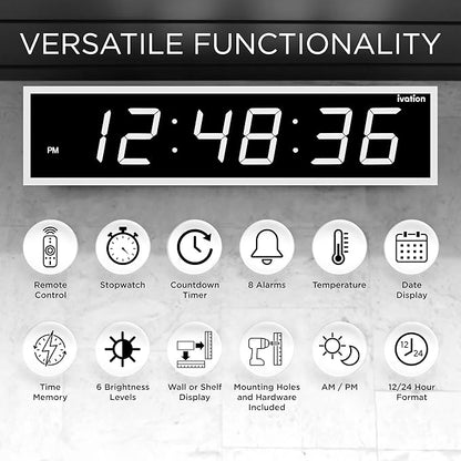 Ivation Oversized 36" Large Digital LED Clock | Big Digital Clock w/Multi-Function Display – Stopwatch, Timer, Alarms, Temp & Date | 6 Brightness Levels, Time Memory & Remote (White)