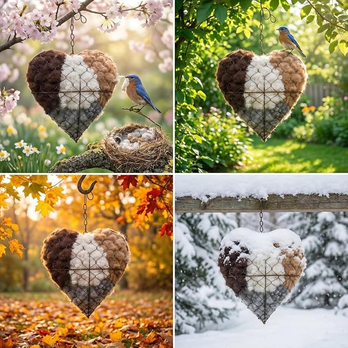 Heart-Shaped Bird Nesting Material Holder, Wire Mesh Feeder with Cotton Fill, Hanging Chain, Garden Decor (1)