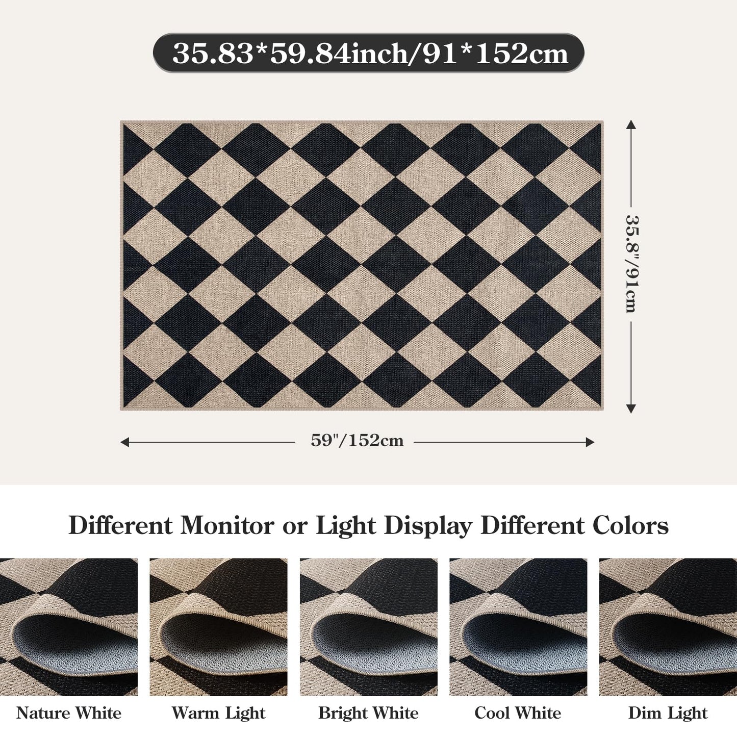 Lahome Checkered Easy Jute 3x5 Entryway Front Porch Rug, Black Diamond Indoor Outdoor Patio Layering Rug, Washable Farmhouse Neutral Non Slip Non Shedding Door Carpet for Backyard Blacony