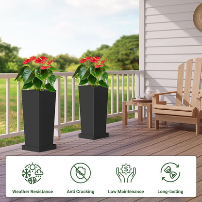 Toriexon Metal Tall Outdoor Planters Set of 2, 24 inch Durable Tall Planters with Rust-Proof Coating & Drainage Insert Shelve & Trays, Black Outdoor Planters for Porch, Garden, Patio, Yard