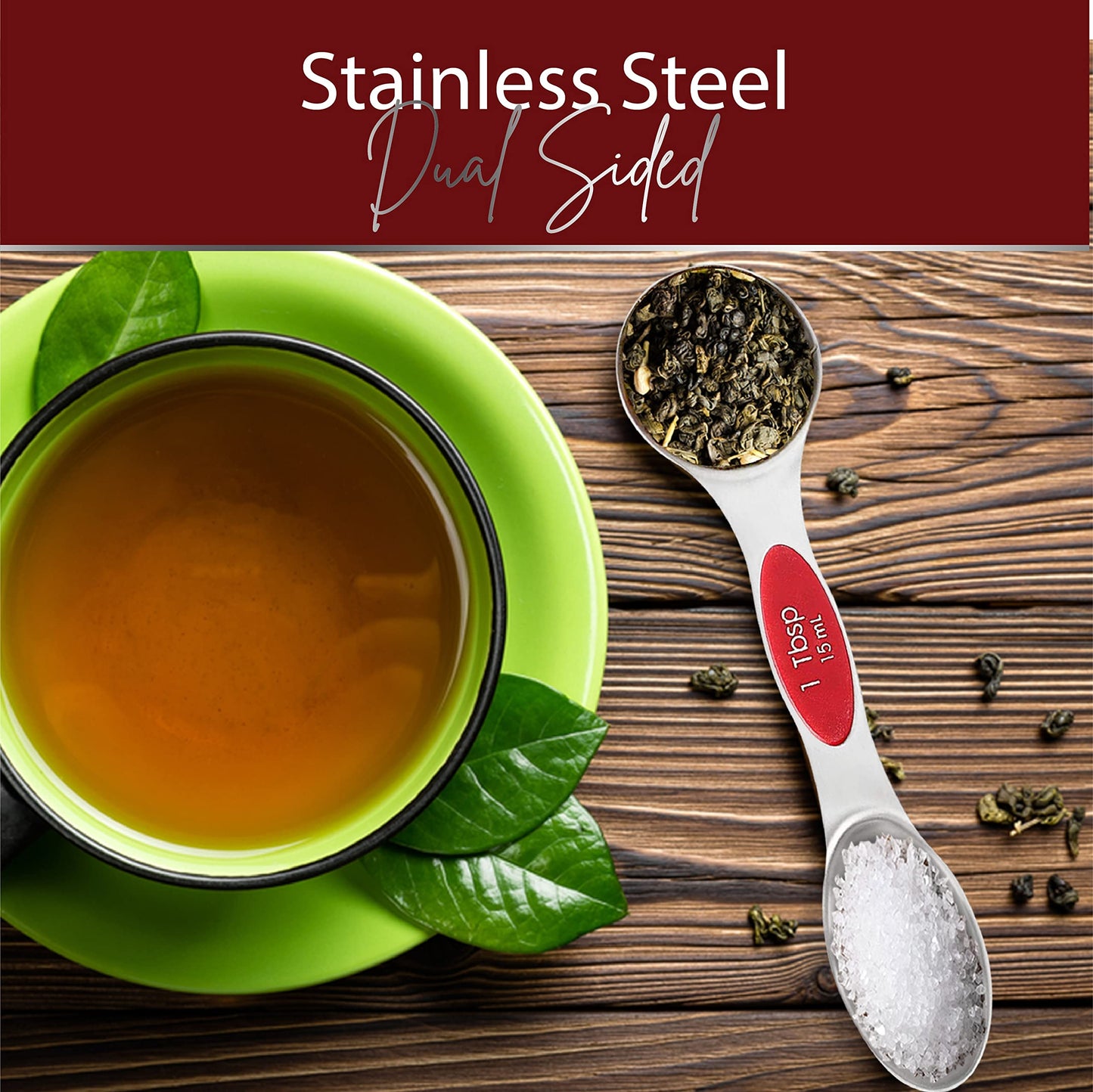 Magnetic Measuring Spoons Set of 9 Stainless Steel Dual-Sided Stackable Measuring Spoon Nesting Teaspoons Measuring Dry and Liquid Ingredients, Fits in Spice Jars Set of 9 (Red)