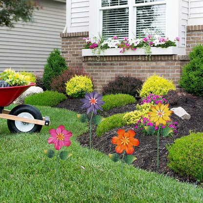 hogardeck Metal Flower Decorative Garden Stakes,4 Pcs 19" Outdoor Garden Decor with Shaking Flower Head Yard Stakes, Yard Art Spring Decorations for Patio Lawn (Pink & Yellow & Purple & Orange)