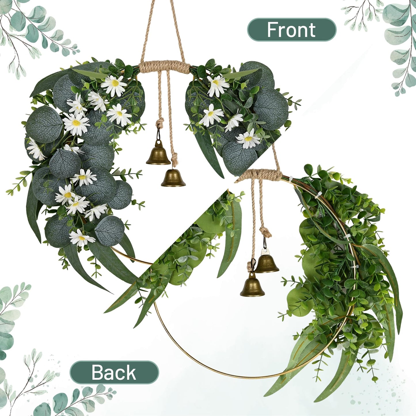 Kuabiz Spring Eucalyptus Wreath for Front Door 15.7" Artificial Spring Greenery Wreath with Olive Leaves Daisy Flower Summer Wreaths All Season for Farmhouse Porch Window Hanging Wall Home Decor