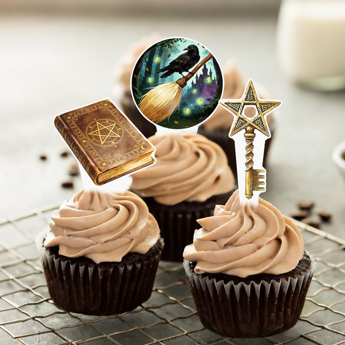 Magical Wizard Birthday Cupcake Toppers 48 Pieces Wizard Hat Flying Broomstick Cupcake Picks for Magic School Themed Party Dessert Decorations