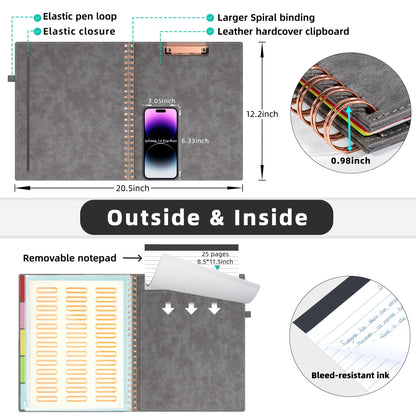 Ospelelf Grey Foldable Clipboard Folio with with Storage Zipper Pouch, Leather Spiral Clipboard Folder with Notepad, 5 Plastic Folders with 10 Pockets, 39 Divider Label Stickers, Pen Loop Series