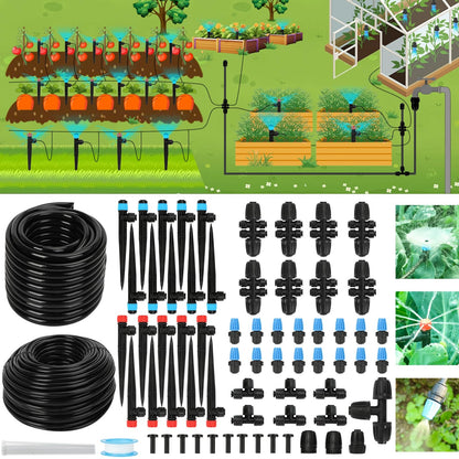 Drip Irrigation Kit – 2026 New Quick-Connect Micro Irrigation System with 46FT 1/2'' Tubing, Locking Nozzle Emitters, Adjustable Misting Sprayers for Gardens, Lawns, Raised Beds and Greenhouses