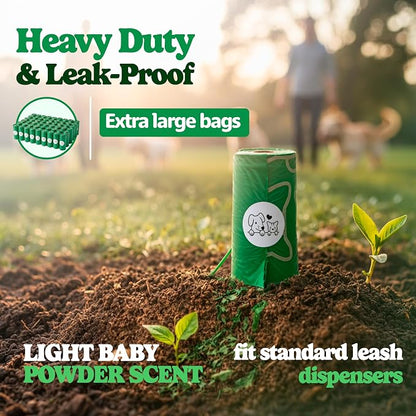 Dog Poop Bags, Light Baby Powder Scent, 90 Count (6 Rolls), Certified Compostable Cornstarch Blend - ASTM D6400 & EN 13432, Extra Thick, Leak-Proof, 9x13 Inch for Dogs & Cats