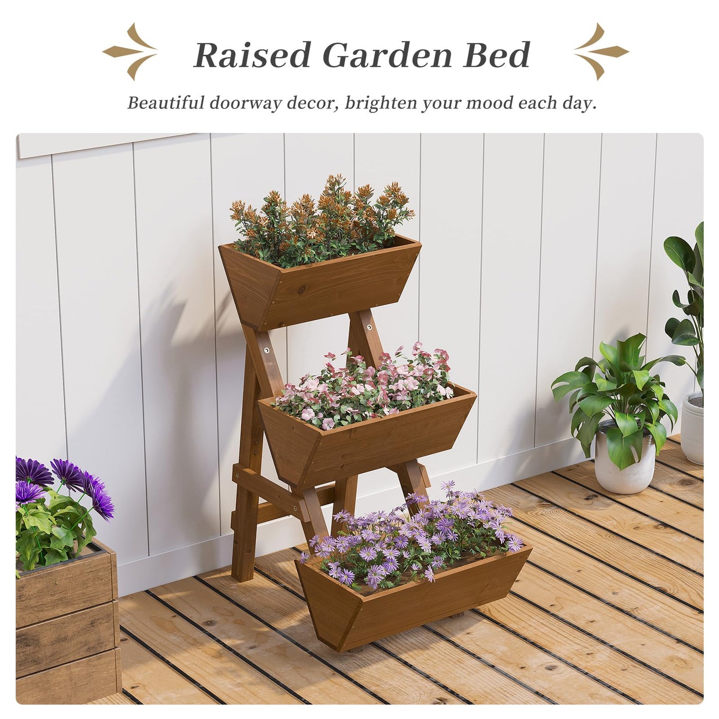 Kitsanery 3-Tiers Wooden Raised Garden Bed,Wood Planter Box for Vegetable,Flower Rack,Flower Pot Stands,Indoor Outdoor Gardening Planting Beds (Brown, Small)