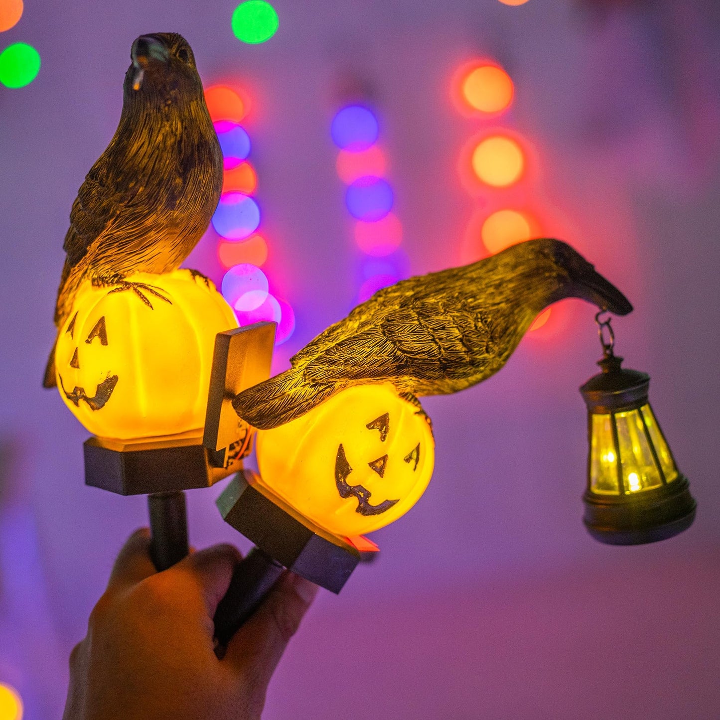 Dazzle Bright 2 Pack Halloween Crow Pathway Lights Outdoor, Solar Powered Resin Crow with Pumpkin Walkway Lights, Stake Light for Halloween Pathway Garden Lawn Yard Gifts Decoration