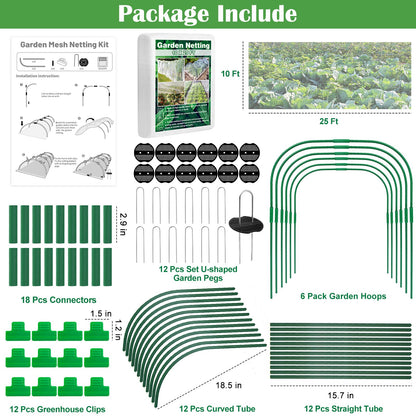 Unves 67 Pcs Garden Netting Kit, 10x25 Ft Ultra Mosquito Bird Netting with 6 Hoops & 12 Clips, Fruit Tree Netting for Patio Raised Beds Vegetable Flowers Protection Barrier Plant Covers Net