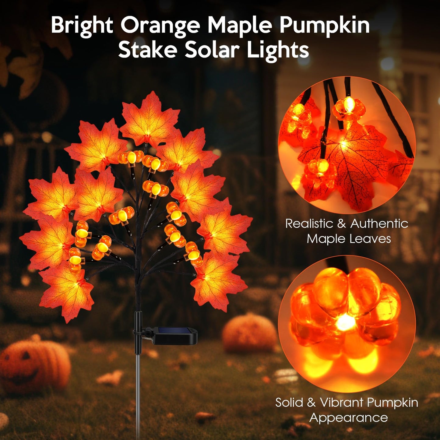 ReyeeInc Fall Solar Lights Outdoor, Solar Powered Fall Stake Lights with 20 Maple Leaf and 20 Pumpkin for Yard, Patio, Lawn, Garden, House, Home Outside Thanksgiving Harvest Decorations(2 Pack)