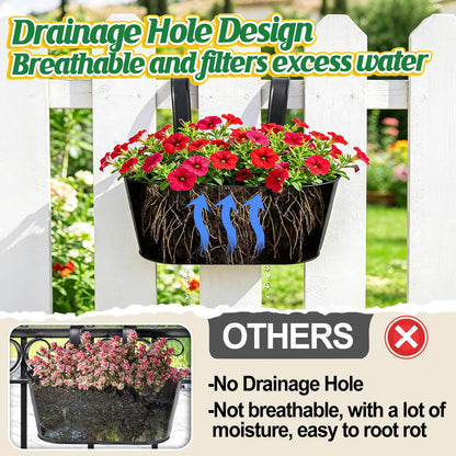 MADHOLLY Railing Planter with Drainage Holes - 6Pcs Sturdy Bucket Pots for Railing Fence, Countryside Style Metal Flower Pots for Herbs Balcony Garden Yard Decor, Black