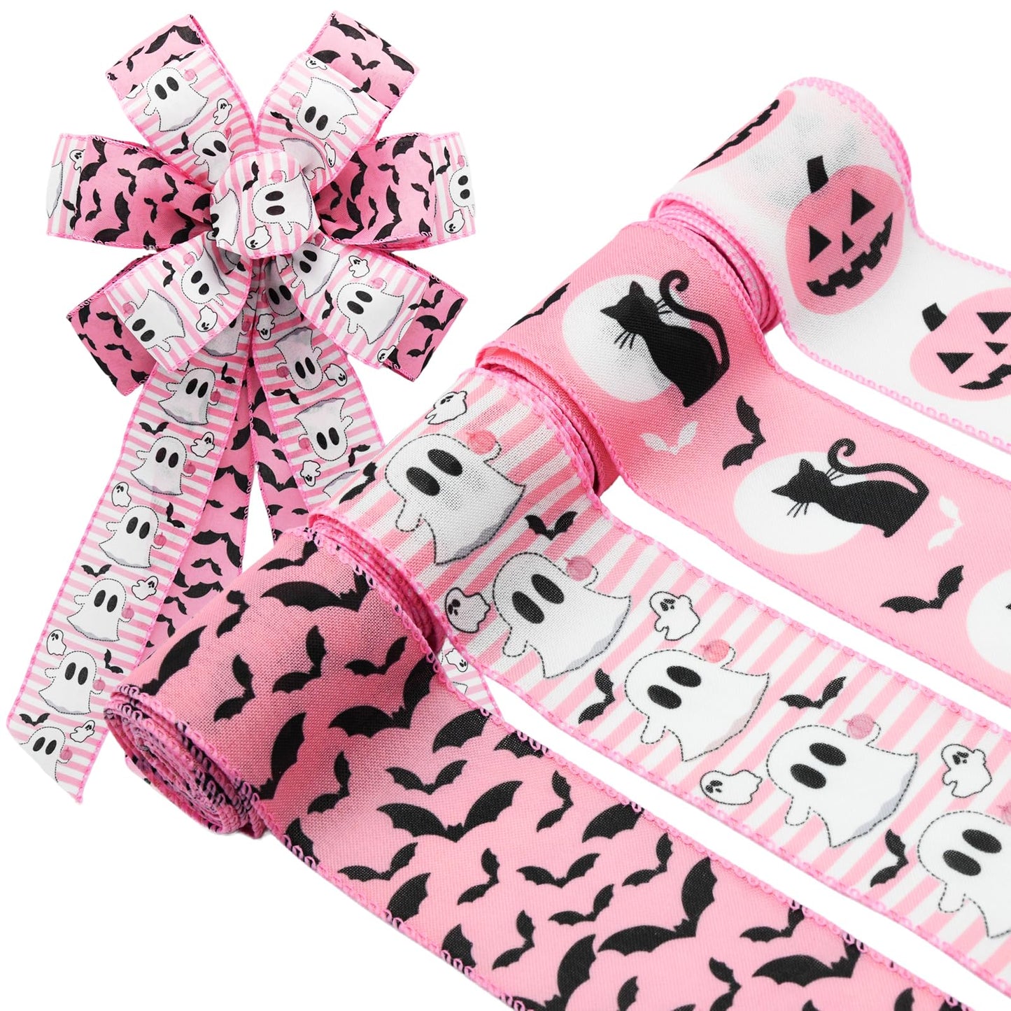 Craflox Pink Halloween Wired Ribbon for Wreath Bows, 4 Rolls, 2.5″ Wide, 20 Yards Total, Pastel Girly Halloween Ghost Wired Ribbons for Crafts Supplies, Pumpkin Cat Ribbon Bow