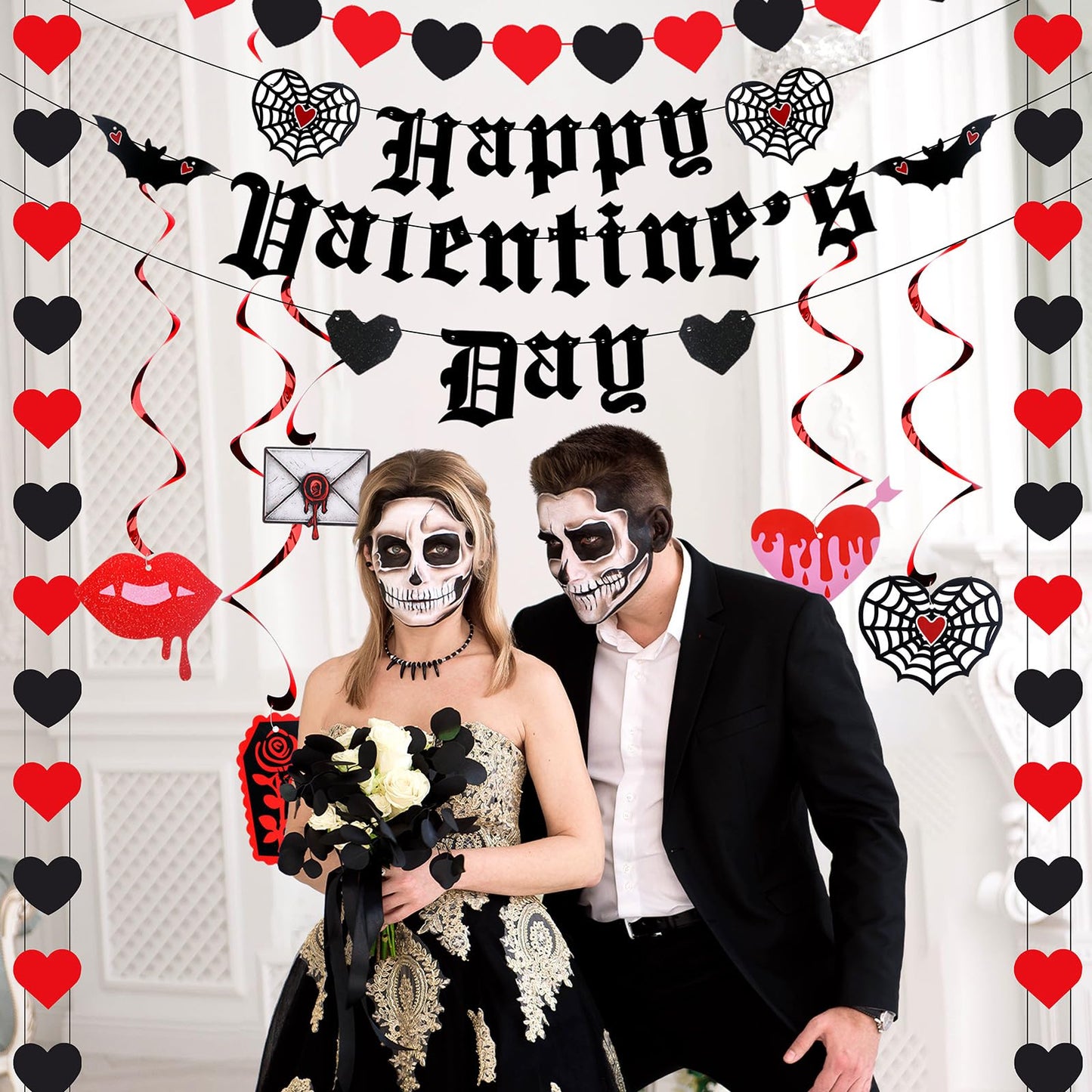 Janinka Gothic Valentines Decor Spooky Goth Valentine Day Decor Black Romantic Gothic Heart Garland Black Bat Theme Banner Garland Pre-assembled Hanging Heart Swirls for Wedding Engagement Anniversary