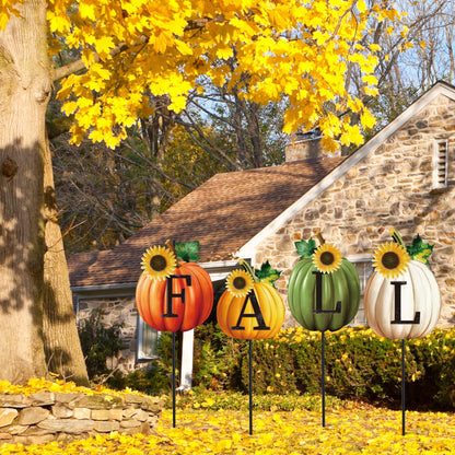 JarThenaAMCS Set of 4 Thanksgiving Pumpkin Metal Garden Stakes Fall Pumpkin Decorative Lawn Sign Seasonal Autumn Welcome Yard Sign for Harvest Home Outside Lawn Porch Decor