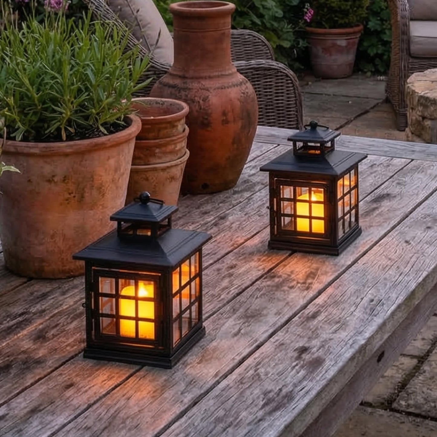 TRIROCKS Set of 2 Decorative Candle Lantern Metal Candle Holder Hanging Lantern Perfect for Home Decor Halloween Living Room Parties Events Tabletop Indoors Outdoors (Black)