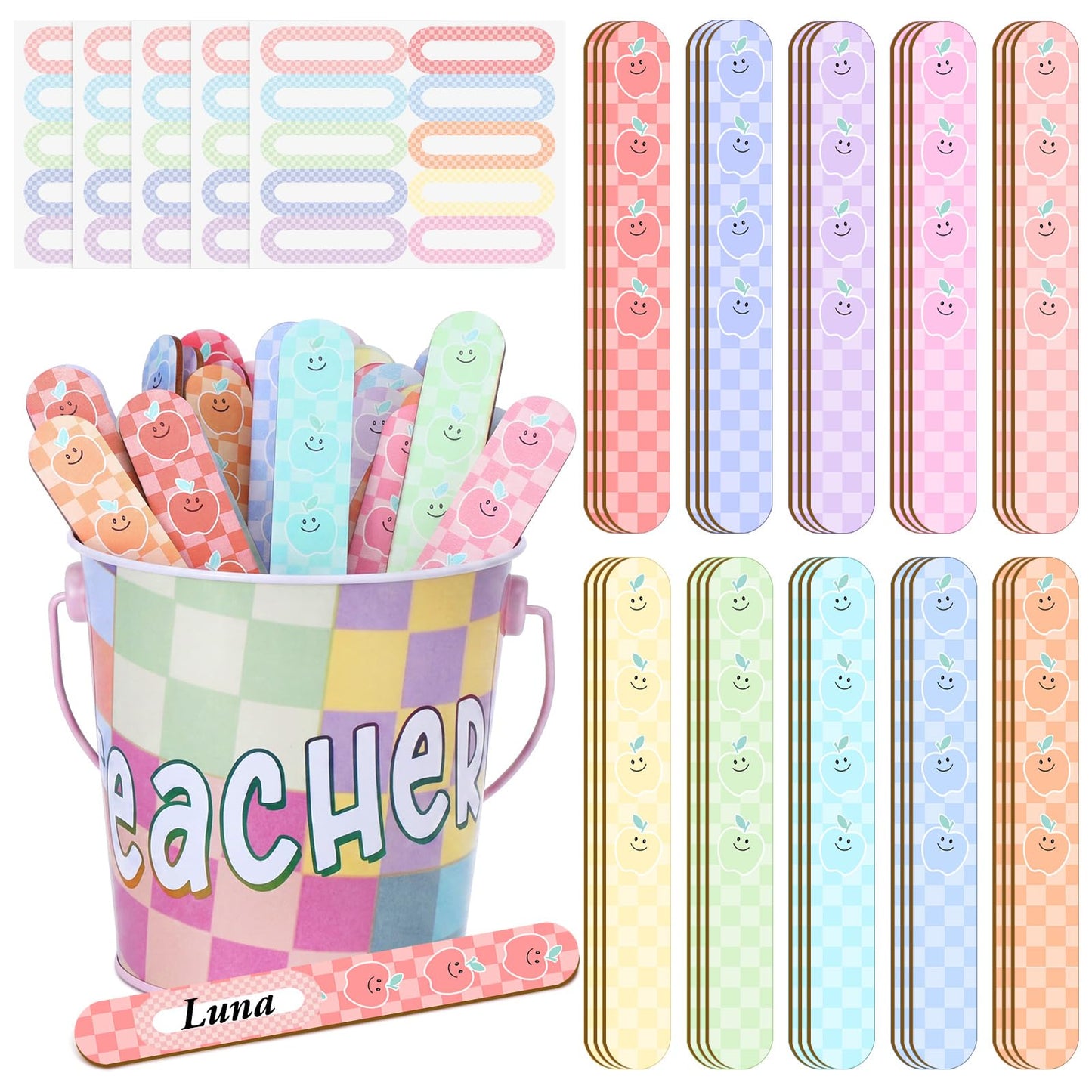 ReliThick 101 Pcs Pastel Checkerboard Flip Name Sticks with Metal Buckets Back to School Talking Sticks with Metal Holder Set for Classroom Management Tool Teacher Essentials Educational Activities