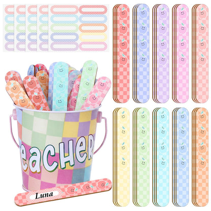 ReliThick 101 Pcs Pastel Checkerboard Flip Name Sticks with Metal Buckets Back to School Talking Sticks with Metal Holder Set for Classroom Management Tool Teacher Essentials Educational Activities
