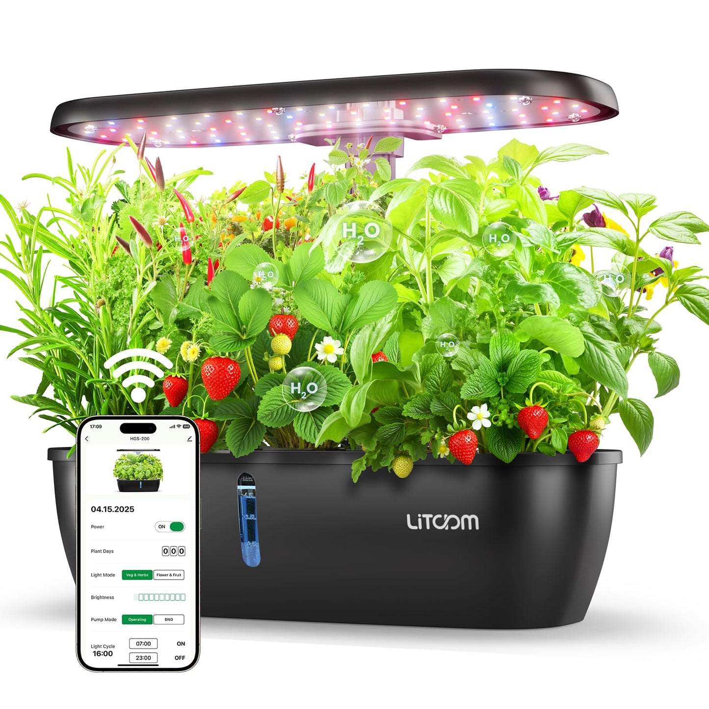 litokam Hydroponics Growing System Kit, 15-Pod Indoor Herb Garden Planter with 24W Grow Light & APP Control, Indoor Gardening System with 2 Grow Modes, Quiet Pump & 24H Timer