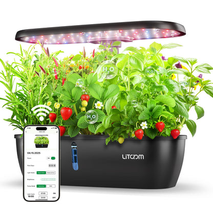 litokam Hydroponics Growing System Kit, 15-Pod Indoor Herb Garden Planter with 24W Grow Light & APP Control, Indoor Gardening System with 2 Grow Modes, Quiet Pump & 24H Timer