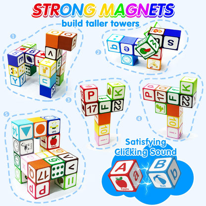 26 Pcs Magnetic Alphabet Blocks for Toddlers 1-3, ABC & Number Stacking Blocks with 9 Learning Cards, Educational Montessori STEM Toys for Kids Ages 3+ ，Montessori Toys for Boys Girls Gifts