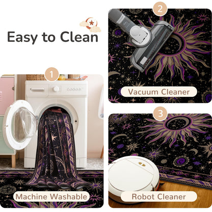 meejou 3x5 Area Rugs, Washable Vacuum-Friendly Non-Slip Rug Vintage Boho Gothic Sun and Moon Printed Pattern Low Pile Carpet for Living Room Bedroom Dining Room Hallway Entryway,Black Purple Beige