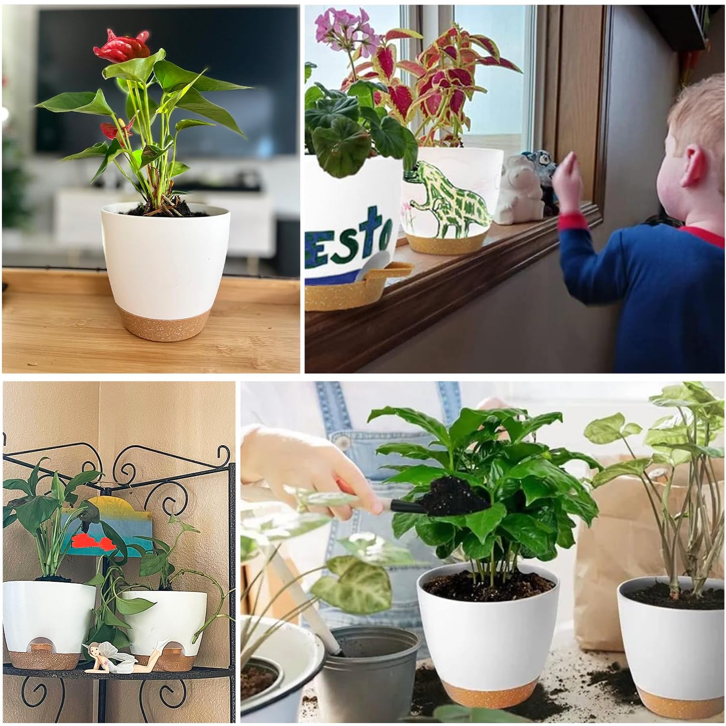 Self Watering Planters with Drainage Holes Reservoir,Nursery Planting Pot for Indoor Decor Garden Plants Succulents,Snake Plant, African Violet,Plastic Flower Pots Set 7+6.5+6+5.5+5 Inch (White)
