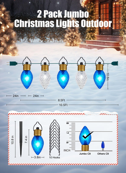 Minetom Christmas Jumbo Lights - 2 Pack C7 Pathway Lights 10.5 Feet, Blue & Cool White
