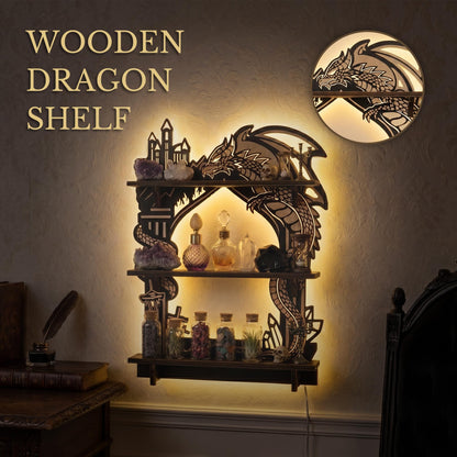 FNYDOX Wooden Dragon Shelf, Gothic Trinket & Knick Knack Shelves, Witchy Fantasy Dragon Decor with LED Light, Floating Shelf for Crystals Rocks Gems Healing Stones Display, Essential Oil Wall Shelf