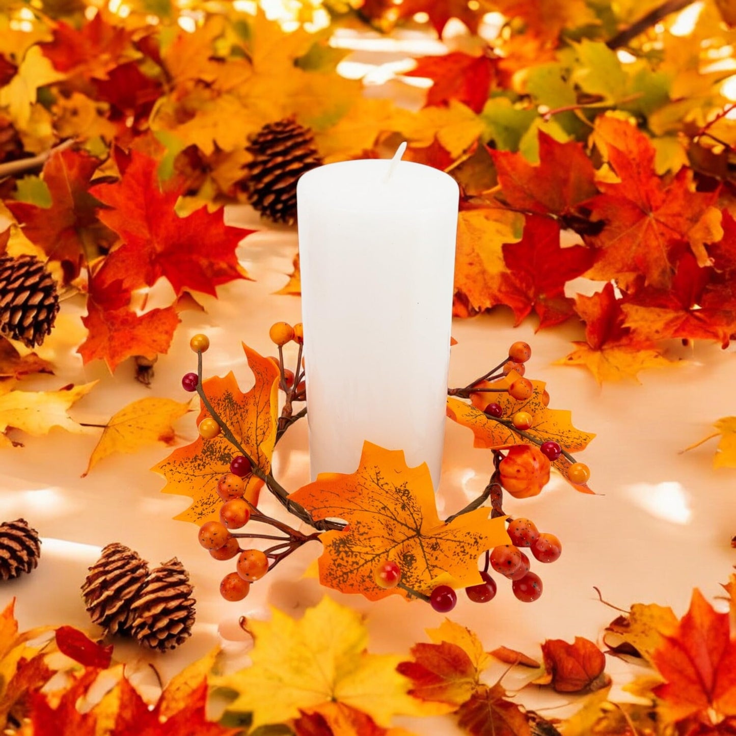 5Pcs Fall Mini Wreath 4.7 Inch/12cm Taper Candle Rings Artificial Pumpkin Maple Leaf Holder with Berries Christmas Autumn Harvest Wreaths for Pillar Halloween Thanksgiving Wedding Table Home Decor