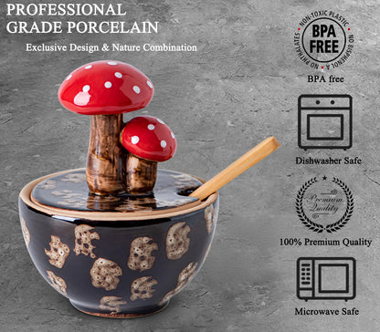 Brown Ceramic Mushroom Salt Cellar With Lid and Bamboo Spoon