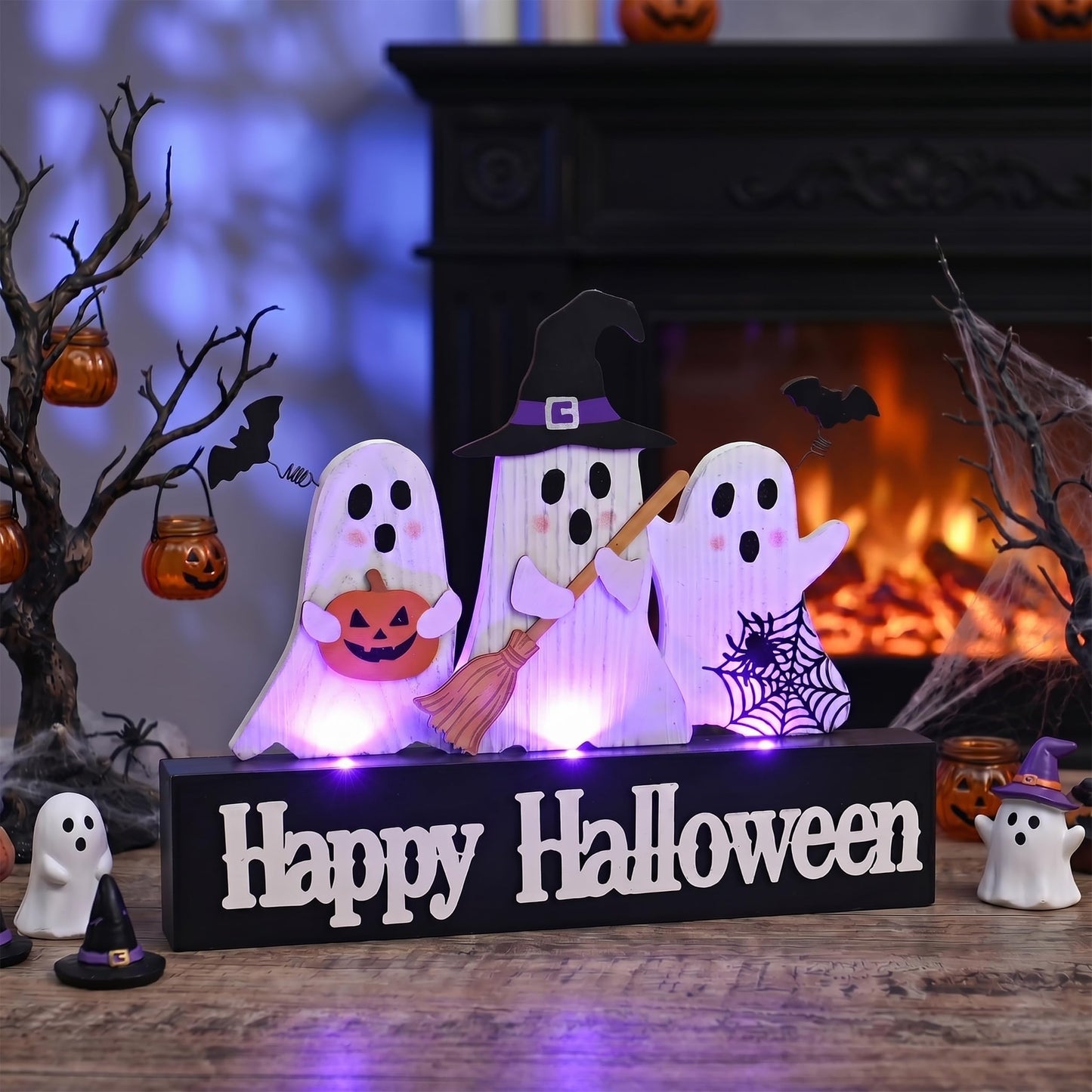 Valery Madelyn Halloween Decorations with Purple LED Lights, Lighted Halloween Ghost Decor, Tabletop Sign with Witch Hat Broom Bats Jack O Lantern for Home Party Indoor, 8 Inch