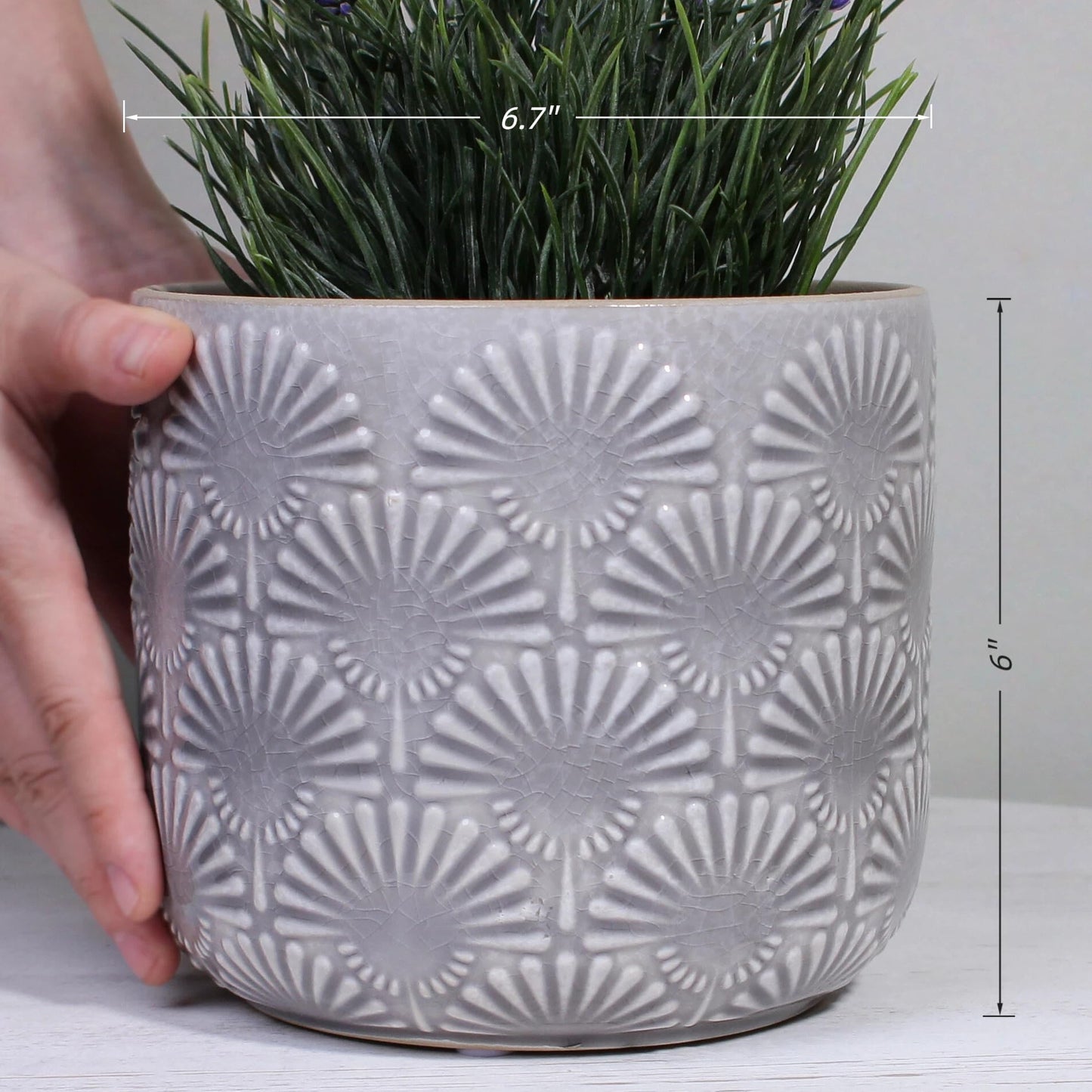 Xiaan Jiaju Modern Embossed Ceramic Pots for Plants, 6.7 Inch Nordic Plant Pots Indoor with Drainage, Contemporary Decorative Glazed Planter with Fanburst Texture, Warm Greige