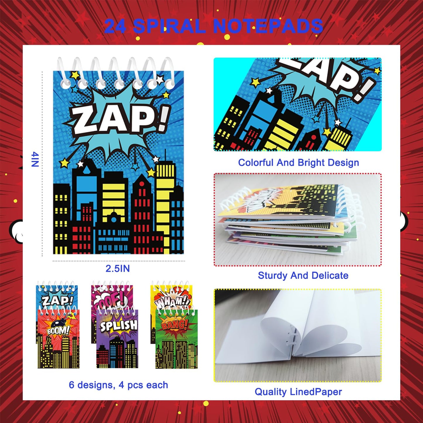 APZ 196 Pcs Hero Party Supplies Favors Include 24 Pack Spiral Notepads Ballpoint Pens Name Sticker Bags 100 Pcs Stickers for Party Birthday Goodie Bag Stuffers Teacher Classroom Rewards Supplies
