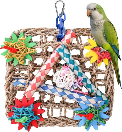 Cockatiel Toys, Extra Large Natural Seagrass Shredding Mat, Rattan & Wood Finger Traps Bird Toy for Parakeets, Budgies, Conures, Lovebirds - Parrot Enrichment Activity Center for Boredom Relief