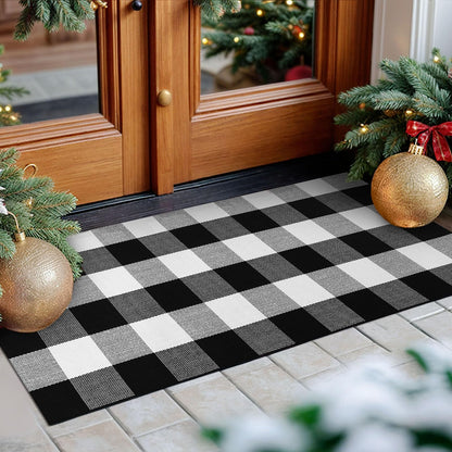 KOZYFLY Buffalo Plaid Area Rugs 2x4.3 Ft Black and White Checkered Rug Washable Front Door Mat Hand Woven Cotton Outdoor Rug Small Rug for Front Porch Kitchen Entryway Patio Bathroom