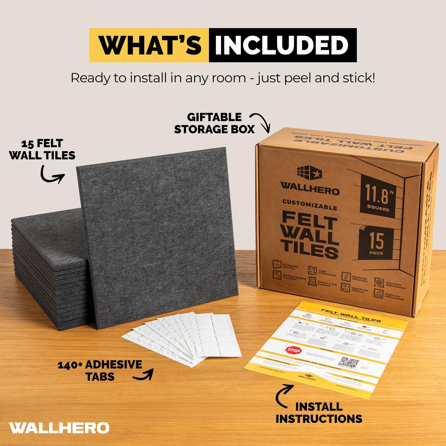 WALLHERO Cork Boards for Office, Dart Board Wall Protector, 59"x36" | 15 Pack | Black Bulletin Board, Cork Board, Cork Board Squares, Homasote Board, Bulletin Board Tiles (Gray Black)
